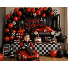 Bkmc Yarış Arabası Doğum Günü Süsleme Seti 50'li Balon Kırmızı Siyah Dama Happy Birthday Folyo Balon 1 Yaş Doğum Günü Parti Seti  Parti Doğum Günü Süsleme Seti