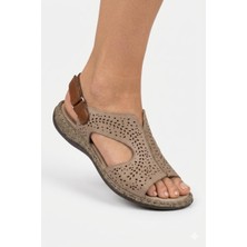 Shoemix Kadın Vizon Hakiki Deri Lazer Kesim Anatomik Günlük Sandalet AYAKKABI-786