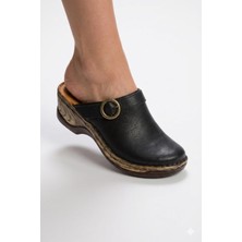 Shoemix Biocomfort Kadın Siyah Hakiki Deri Anatomik Sabo Terlik Tokalı Dolgu Topuk ( Bir Numara Büyük Alınız )