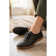 Shoemix Kadın Siyah Lazer Kesim Hakiki Deri Comfort Günlük Rahat Ayakkabı