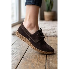 Shoemix Kadın Hakiki Deri Kahverengi Süet Bağcıklı Makosen - El Dikişli Esnek Tırtıklı Taban Günlük Ayakkabı