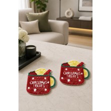 Evien Home Boncuk Işlemeli Bardak Altlığı 2'li Set 12X12 cm Bordo