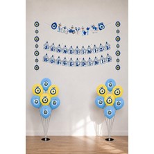 Sünnet Kutlama Seti 3lü Banner, 20 Adet Sarı- Mavi Nazar Boncuğu Baskılı Balon ve 2 Adet Balon Standı