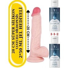 Aşkın Deposu Deromeya Health Gerçekçi Ten Dokusunda 20 cm Duble ve Vantuzlu Kaliteli Yumuşak Süper Silikon Testisli Realistik SÜPER 2*50ML JEL HEDİYELİ