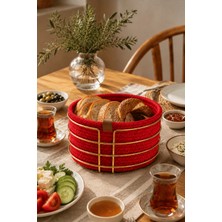 Edora Home Parlak Altın Yuvarlak Ekmek Sepeti, Ekmeklik Sunum Sepeti, Kırmızı Makrome Çok Amaçlı Paslanmaz Metal