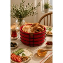 Edora Home Siyah Yuvarlak Ekmek Sepeti, Ekmeklik Sunum Sepeti, Kırmızı Makrome Çok Amaçlı Paslanmaz Metal