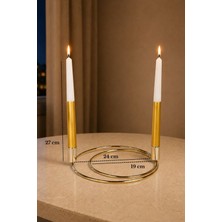 Edora Home Parlak Altın 2'li Dekoratif Metal Halka Şamdan, 2 Adet Gold-Beyaz Mum İnce Uzun - Dekoratif Mumluk