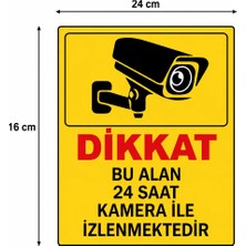 Reklam Ads Kişiselleştirilebilir Levha, 6 Adet Dikkat Bu Alan Kamera ile 24 Saat Kamera ile İzlenmektedir 16X24 cm Boyut Folyo Baskı Sticker, Kamera Uyarı Levhası