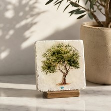 Anadolia Zeytin Ağacı Desenli Traverten Tekli Bardak Altlığı