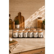 Edora Home Premium Siyah Metal Standlı 11'li Baharatlık Seti Zarif Ahşap Kapaklı Seramik Kavanoz, Dekoratif Mutfak Düzenleyici