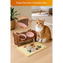 GOBYPET Ahşap Özel Isim Baskılı, Kedi Mama Seramik Su Kabı Standı Hediye Kedi Halısı 32x15 cm