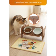GOBYPET Ahşap Özel İsim Baskılı Kedi Mama Seramik Su Kabı Standı 32x15 cm Kolay Temizlenir Kedi Halısı