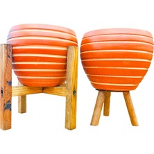 Bitki Tasarımı Ev Dekorasyon Yan Çizgi Desenli Terrakota Toprak Saksı Saksılık Salon Çiçeklik İkili Set 3 Ayaklı- 4 Ayaklı- 15 Cm