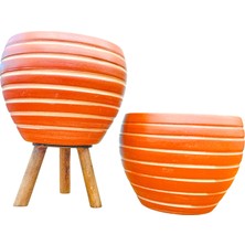 Bitki Tasarımı Ev Dekorasyon Yan Çizgi Desenli Terrakota Toprak Saksı Saksılık Salon Çiçeklik İkili Set Ayaksız - 3 Ayaklı- 15 Cm