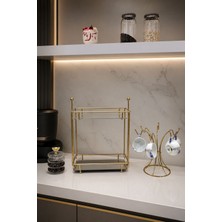 Edora Home 2'li Set Parlak Altın İki katlı İkramlık, 6 Kancalı Fincan Askılığı Mutfak Seti