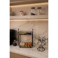 Edora Home 2'li Set Siyah İki katlı İkramlık, 6 Kancalı Fincan Askılığı Mutfak Seti