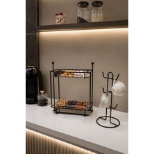 Edora Home 2'li Set Siyah İki katlı İkramlık, 6 Bölmeli Dik Bardak Askılık Mutfak Seti