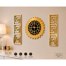 Eya Store 3’lü Duvar Dekoru Seti Gold – 40 cm Duvar Saati ve 2 Adet 20x50 cm 3D Kabartmalı Aynalı Pleksi Tablo – Orta Boy Sessiz Mekanizma