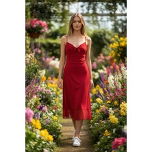 3638 Official Store Kırmızı Tutku Ince Askılı Midi Elbise L