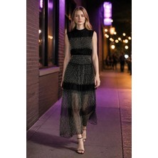 3638 Official Store Kolsuz Kat Detaylı Boncuk Işlemeli Maxi Elbise M