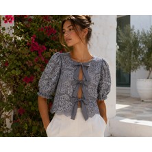 3638 Official Store Kurdele Bağlamalı Dantelli Balon Kollu Bluz L