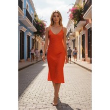 3638 Official Store Turuncu Zebra Jakarlı Askılı Elbise M