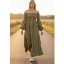 3638 Official Store Yeşil Shirred Büzgülü Off-Shoulder Midi Elbise S