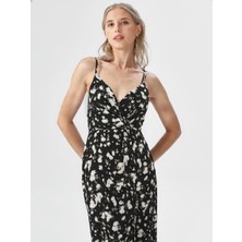 3638 Official Store V Yaka Düğüm Detaylı Desenli Midi Elbise L