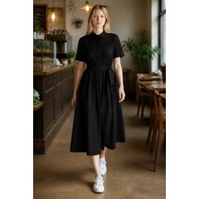 3638 Official Store Inès Işlemeli Gömlek Yaka Kuşaklı Midi Elbise - Siyah Xs