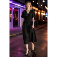 3638 Official Store Kruvaze Yaka Jakarlı Gipeli Uzun Elbise S