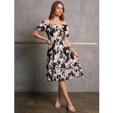 Kadın Siyah Beyaz Karpuz Kollu Kısa Elbise Batik Desen