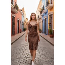 3638 Official Store Kahverengi Zebra Jakarlı Askılı Elbise M