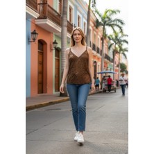 3638 Official Store Kahverengi Zebra Jakarlı Askılı Bluz M