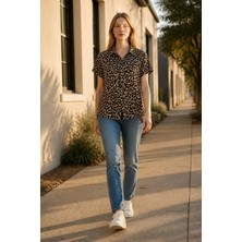 3638 Official Store Leopar Desenli Oversize Gömlek Bluz L