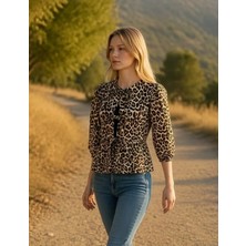 3638 Official Store Leopar Desenli Önü Fiyonk Bağcıklı Balon Kol Bluz M