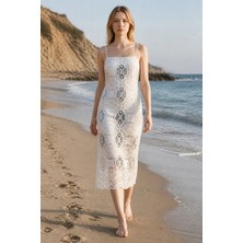 3638 Official Store Céleste Güpür Işlemeli Ince Askılı Midi Elbise - Beyaz S