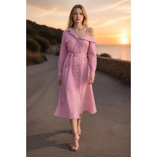 3638 Official Store Asimetrik Omuz Detaylı Çizgili Gömlek Elbise S
