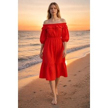 3638 Official Store Adèle Ispanyol Omuz Fırfırlı Midi Elbise S