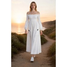 3638 Official Store Beyaz Shirred Büzgülü Off-Shoulder Midi Elbise S