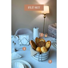 Edora Home 3’lü Set Mat Gümüş Üçgen Peçetelik Dik Kağıt Havluluk Yuvarlak Ekmek Sepeti Mutfak Seti