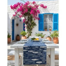 White Alamode Dijital Baskı Leke Tutmaz Lacivert Beyaz Balık Figürlü Modern Marin Esintili 40 x 140 cm Runner