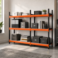 Rafburada 3 Katlı Duble Midi Rack - Ekonomik Depo,Arşiv, Kiler Rafı  - Siyah-Turuncu-35x180 cm-100 cm