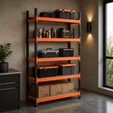 Rafburada 5 Katlı Tekli Midi Rack - Ekonomik Depo,Arşiv, Kiler Rafı  - Siyah-Turuncu-46x90 cm-150 cm