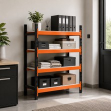 Rafburada 4 Katlı Tekli Midi Rack - Ekonomik Depo,Arşiv, Kiler Rafı  - Siyah-Turuncu-46x150 cm-100 cm