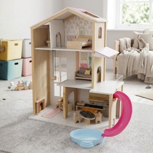 Toysilla Ahşap Oyuncak Ev Seti - 3 Katlı, Havuzlu ve Kaydıraklı - 12 Parça Aksesuarlı Doğal