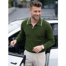 Kamalı Erkek Haki Oversize Selanik Örgü Polo Yaka Triko Kışlık Kazak Kalın Örgü Uzun Kollu Üst Elbise Kıyafet Old Money Regular Fit Oversize