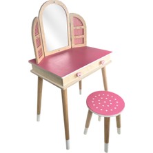 Toysilla Ahşap Çocuk Makyaj Masası ve Tabure Seti - Çekmeceli Aynalı Oyuncak Masa - Pembe T3033