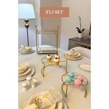 Edora Home 2’li Set Parlak Altın İkili Küçük Boy Sunumluk İki Katlı Dikdörtgen Sunumluk Mutfak Seti