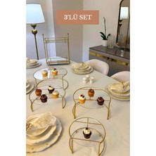 Edora Home 3’lü Set Parlak Altın İkili Büyük Boy Sunumluk İkili Küçük Boy Sunumluk İki Katlı Dikdörtgen Sunumluk Mutfak Seti