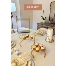 Edora Home 3’lü Set Parlak Altın İkili Küçük Boy Sunumluk İki Katlı Dikdörtgen Sunumluk Kuğu Peçetelik Mutfak Seti